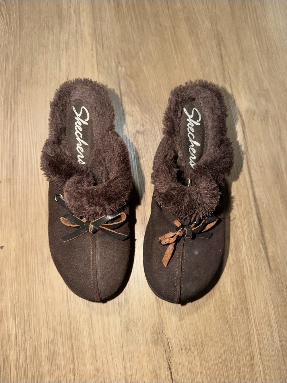 Skechers Brown Plush-Lined Slip-On Slippers with Bow Accent